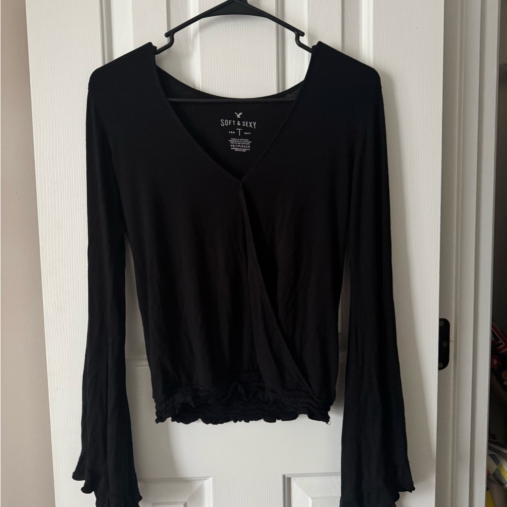 American Eagle Outfitters Black Long Sleeve Wrap Top